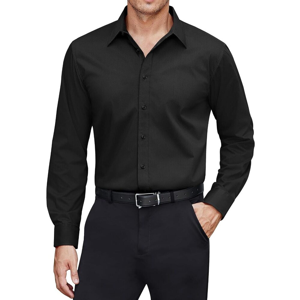 Men's Dress Shirts Cotton Stretch Long Sleeve Solid Formal Shirt Business